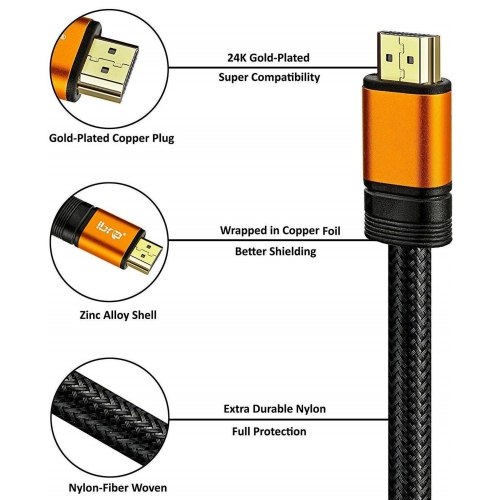 25FT/8M 2.1 Orange HDMI Cord 8K Ultra High-Speed 48Gbps, Supports 8K@60HZ, 4K@120HZ, 4320p, Compatible with Fire TV, 3D Support, Ethernet Function,