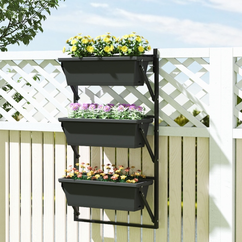 Outsunny 3-Tier Vertical Planters for Outdoor Plants, Wall-Mounted Planter Box with Drainage Holes, Outdoor Planter with Adjustable Hooks for Flowers