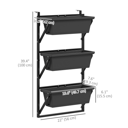 Outsunny 3-Tier Vertical Planters for Outdoor Plants, Wall-Mounted Planter Box with Drainage Holes, Outdoor Planter with Adjustable Hooks for Flowers