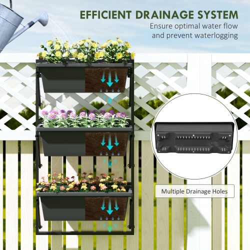 Outsunny 3-Tier Vertical Planters for Outdoor Plants, Wall-Mounted Planter Box with Drainage Holes, Outdoor Planter with Adjustable Hooks for Flowers