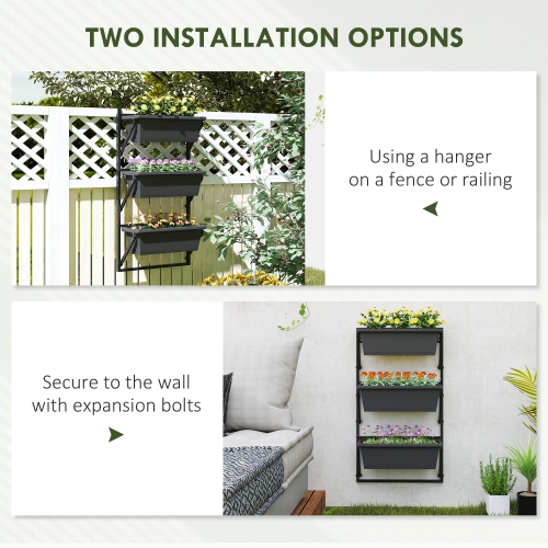 Outsunny 3-Tier Vertical Planters for Outdoor Plants, Wall-Mounted Planter Box with Drainage Holes, Outdoor Planter with Adjustable Hooks for Flowers