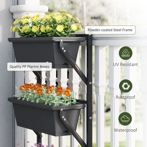 Outsunny 3-Tier Vertical Planters for Outdoor Plants, Wall-Mounted Planter Box with Drainage Holes, Outdoor Planter with Adjustable Hooks for Flowers