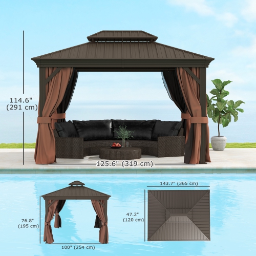 Outsunny 10' x 12' Hardtop Gazebo Canopy with Galvanized Steel Roof, Aluminum Frame, Permanent Gazebo with Netting and Curtains for Patio, Garden,