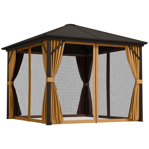 Image 1 de 9.. Auvent extérieur pour abri de jardin Outsunny, toit rigide, 10 x 10 pi, moustiquaire, rideaux, crochet suspendu et cadre en aluminium, brun