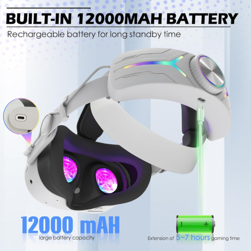 Head Strap Accessories Compatible for Quest 3S with Extended 12000mah Battery Pack, PD Fast Charging 9V 2A Extended Gaming Time with RGB Light