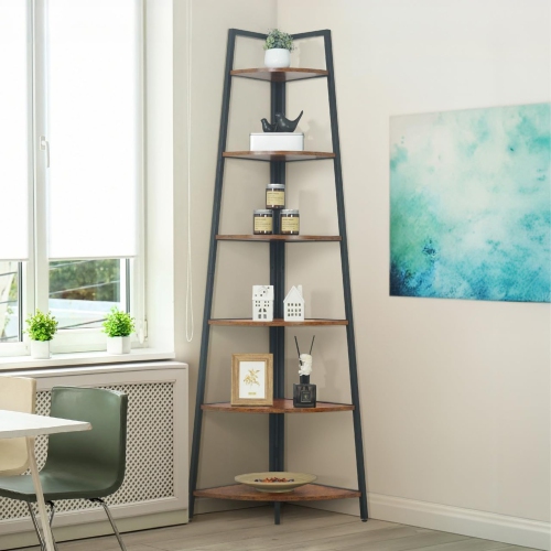Image 1 of 8.. CAPHAUS Tall Corner Shelf Stand, 6-Tier Display Shelves, Ladder Corner Wood Storage Plant Bookshelf with Metal Frame, Versatile Shelving Unit