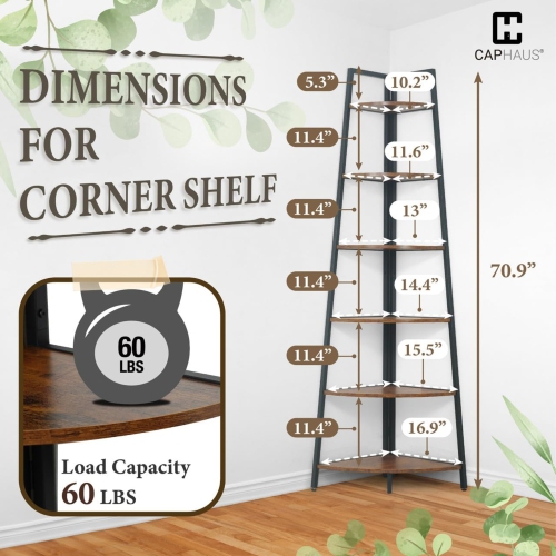 CAPHAUS Tall Corner Shelf Stand, 6-Tier Display Shelves, Ladder Corner Wood Storage Plant Bookshelf with Metal Frame, Versatile Shelving Unit