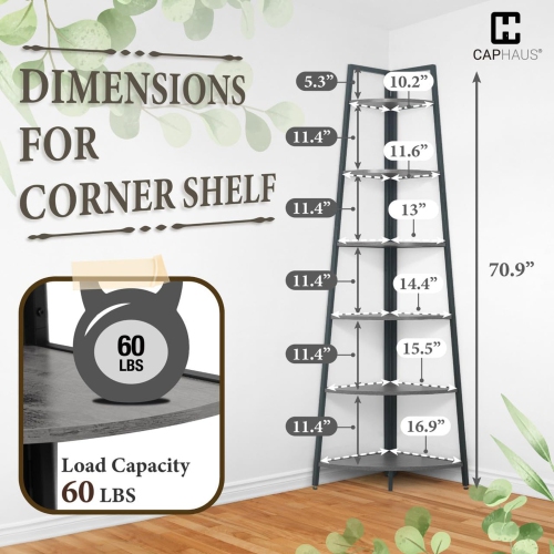 CAPHAUS Tall Corner Shelf Stand, 6-Tier Display Shelves, Ladder Corner Wood Storage Plant Bookshelf with Metal Frame, Versatile Shelving Unit