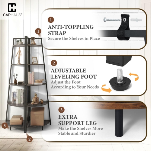 CAPHAUS Tall Corner Shelf Stand, 6-Tier Display Shelves, Ladder Corner Wood Storage Plant Bookshelf with Metal Frame, Versatile Shelving Unit