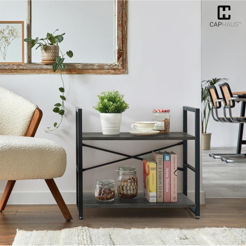 CAPHAUS 2 Tier Small Bookshelf, 24 Inch Width Free Standing Shelf, Bookcase Shelf Storage Organizer, Industrial Book Shelves for Home Office, Living