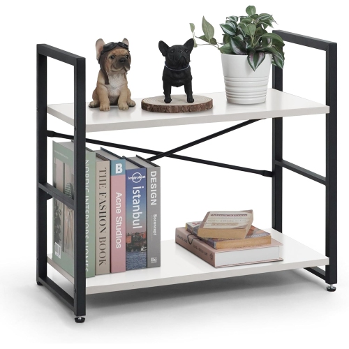 CAPHAUS 2 Tier Small Bookshelf, 24 Inch Width Free Standing Shelf, Bookcase Shelf Storage Organizer, Industrial Book Shelves, White Shelves & Metal