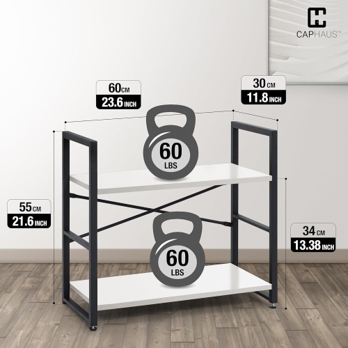 CAPHAUS 2 Tier Small Bookshelf, 24 Inch Width Free Standing Shelf, Bookcase Shelf Storage Organizer, Industrial Book Shelves, White Shelves & Metal