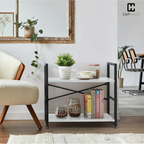 CAPHAUS 2 Tier Small Bookshelf, 24 Inch Width Free Standing Shelf, Bookcase Shelf Storage Organizer, Industrial Book Shelves, White Shelves & Metal