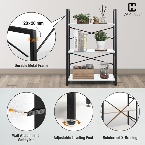 CAPHAUS 2 Tier Small Bookshelf, 24 Inch Width Free Standing Shelf, Bookcase Shelf Storage Organizer, Industrial Book Shelves, White Shelves & Metal