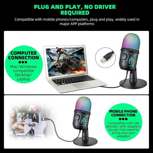 axGear USB Condenser Microphone w/ Noise Reduction Luminous RGB Mic Streaming Podcast