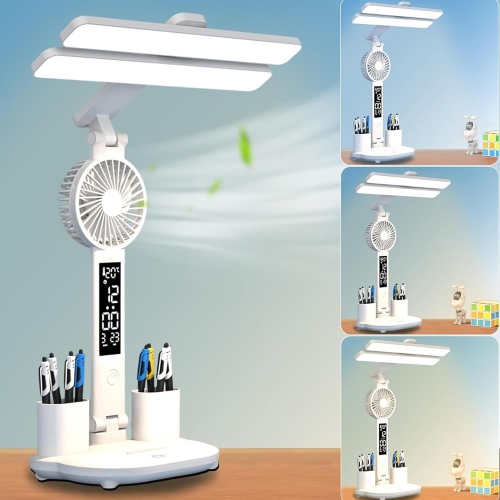 axGear LED Desk Lamp USB Dimmable Touch with Calendar Clock Mini Fan Table Night Light