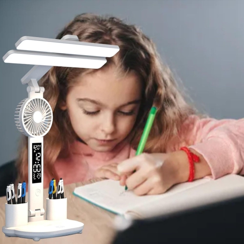 axGear LED Desk Lamp USB Dimmable Touch with Calendar Clock Mini Fan Table Night Light