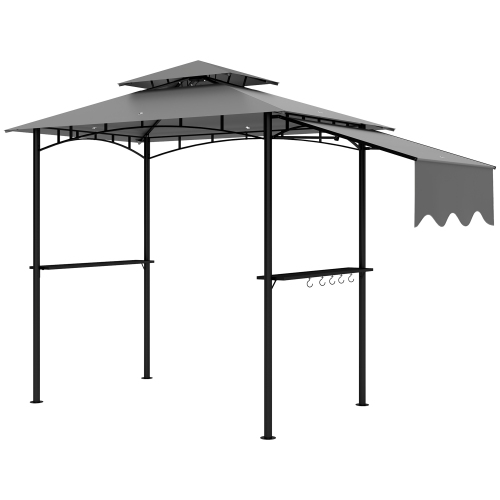 Outsunny 8' x 5' Grill Gazebo, Double Tiered Outdoor BBQ Gazebo with Side Awning, 2 Side Shelves and 6 Hooks, Barbecue Grill Gazebo Shelter for