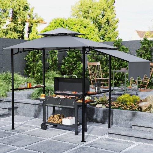 Outsunny 8' x 5' Grill Gazebo, Double Tiered Outdoor BBQ Gazebo with Side Awning, 2 Side Shelves and 6 Hooks, Barbecue Grill Gazebo Shelter for