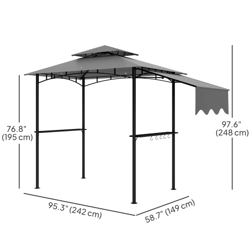 Outsunny 8' x 5' Grill Gazebo, Double Tiered Outdoor BBQ Gazebo with Side Awning, 2 Side Shelves and 6 Hooks, Barbecue Grill Gazebo Shelter for