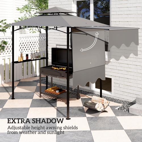 Outsunny 8' x 5' Grill Gazebo, Double Tiered Outdoor BBQ Gazebo with Side Awning, 2 Side Shelves and 6 Hooks, Barbecue Grill Gazebo Shelter for