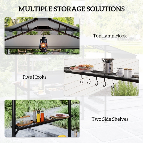 Outsunny 8' x 5' Grill Gazebo, Double Tiered Outdoor BBQ Gazebo with Side Awning, 2 Side Shelves and 6 Hooks, Barbecue Grill Gazebo Shelter for