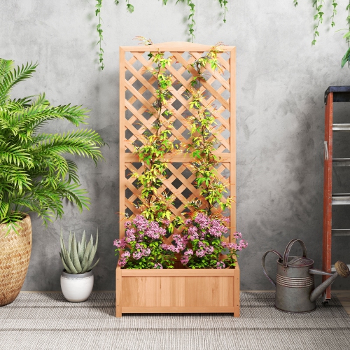 Outsunny 30" x 14" x 67" Raised Garden Bed Wood Planter with Trellis for Vine Climbing, to Grow Vegetables, Herbs, and Flowers for Backyard, Patio,