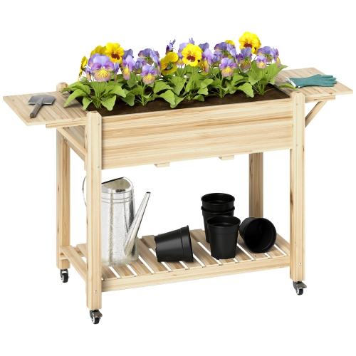 Outsunny Raised Garden Bed, Elevated Wood Planter Box with Lockable Wheels, Foldable Side Tables and Bottom Shelf, Raised Planter with Bed Liner and