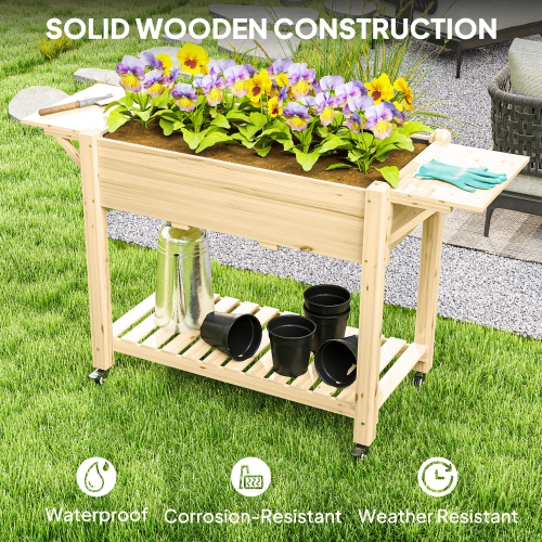 Outsunny Raised Garden Bed, Elevated Wood Planter Box with Lockable Wheels, Foldable Side Tables and Bottom Shelf, Raised Planter with Bed Liner and