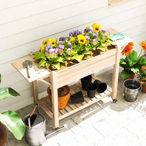 Outsunny Raised Garden Bed, Elevated Wood Planter Box with Lockable Wheels, Foldable Side Tables and Bottom Shelf, Raised Planter with Bed Liner and