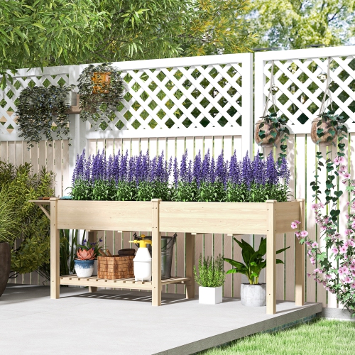 Outsunny Raised Garden Bed, Elevated Wood Planter Box w/ Foldable Side Table and Bottom Shelf, Raised Planter w/ Bed Liners, Drainage Holes, 81.5 x