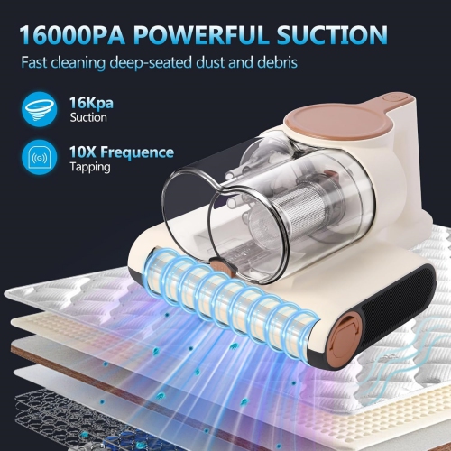 Mattress Vacuum Cleaner, Couch Vacuum with 16Kpa Suction & 40000rpm Brush Roll & Heating Tech, 4 in 1 Handheld Vacuums for Dust and Pet Hair Removal,