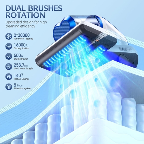 Mattress Vacuum Cleaner with 16Kpa Suction 253.7nm UV-C Light, 30000 RPM/Min Dual Brushroll Rotation & HEPA Filter & Ultrasonic & Heating Tech, 10''