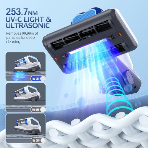 Mattress Vacuum Cleaner with 16Kpa Suction 253.7nm UV-C Light, 30000 RPM/Min Dual Brushroll Rotation & HEPA Filter & Ultrasonic & Heating Tech, 10''