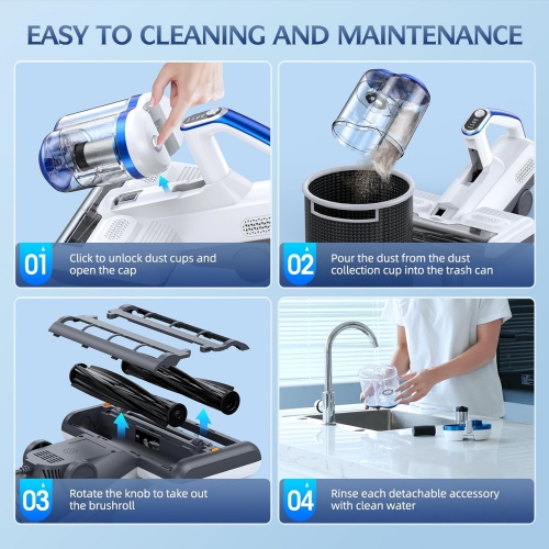 Mattress Vacuum Cleaner with 16Kpa Suction 253.7nm UV-C Light, 30000 RPM/Min Dual Brushroll Rotation & HEPA Filter & Ultrasonic & Heating Tech, 10''