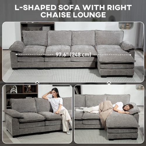 HOMCOM Sofa Couch with Chaise Lounge, Chenille L-shaped Couch with Back Cushions and a Double-layer Seat Cushion for Living Room, Bedroom, Grey