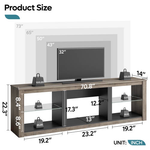 Bestier 70 In. TV Stand Fits Tvs Up To 75 In. With LED And Glass Shelves