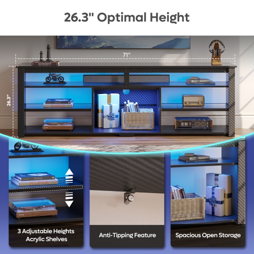 Bestier 70" Gaming TV Console for TVs up to 75 inch, LED Media Console with Storage and Adjustable Storage Shelves