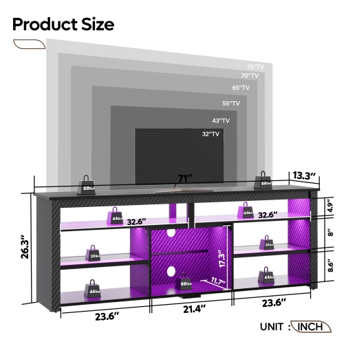 Bestier 70" Gaming TV Console for TVs up to 75 inch, LED Media Console with Storage and Adjustable Storage Shelves