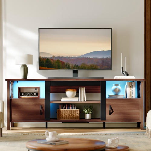 Bestier Farmhouse TV Stand for 70 Inch TV with LED Light,63" Tv Console Cabinet with Media Storage