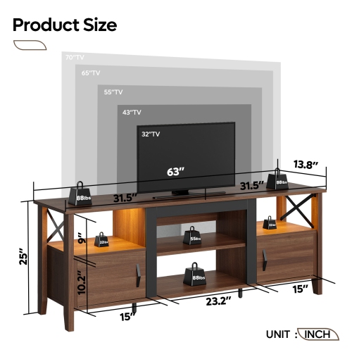 Bestier Farmhouse TV Stand for 70 Inch TV with LED Light,63" Tv Console Cabinet with Media Storage