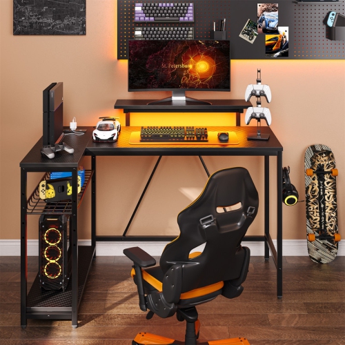 Bestier 48" L-Shaped Computer Desk with Power Outlet, LED Gaming Work Desk with Monitor Stand