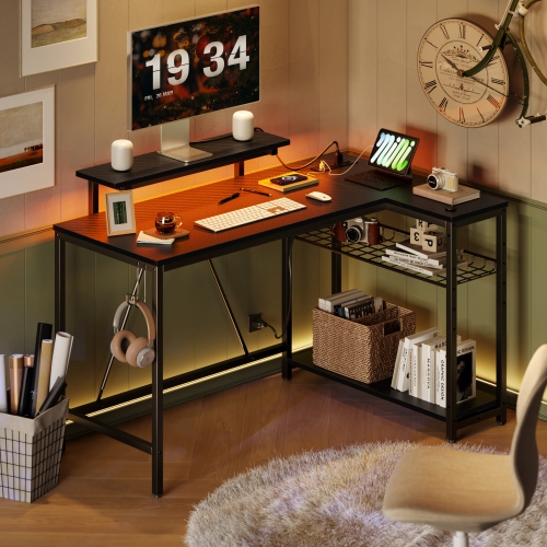 Bestier 48" L-Shaped Computer Desk with Power Outlet, LED Gaming Work Desk with Monitor Stand