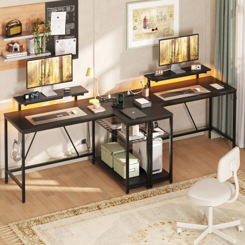 Bestier 48" L-Shaped Computer Desk with Power Outlet, LED Gaming Work Desk with Monitor Stand