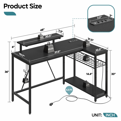 Bestier 48" L-Shaped Computer Desk with Power Outlet, LED Gaming Work Desk with Monitor Stand