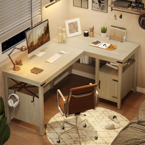 Image 1 de 9.. Bureau d'ordinateur en L Bestier pour bureau à domicile avec armoire de rangement, table de bureau Farmhouse pour l'étude d'écriture