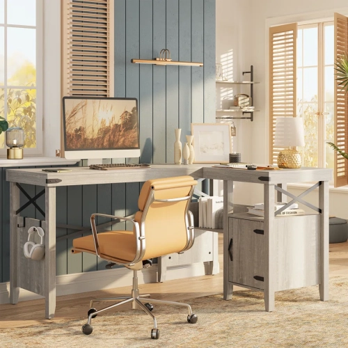 Bestier L-Shaped Home Office Computer Desk with Storage Cabinet, Farmhouse Office Table for Writing Study