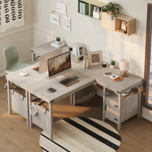 Bestier L-Shaped Home Office Computer Desk with Storage Cabinet, Farmhouse Office Table for Writing Study