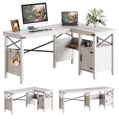 Bestier L-Shaped Home Office Computer Desk with Storage Cabinet, Farmhouse Office Table for Writing Study
