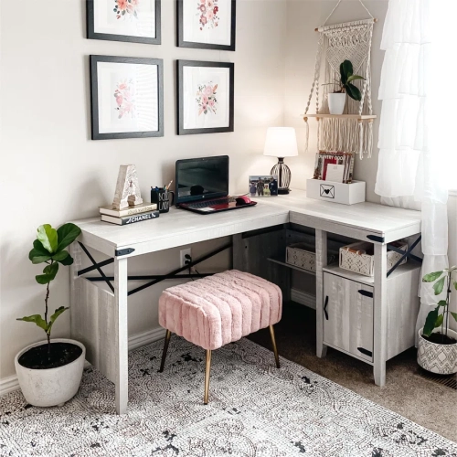 Bestier L-Shaped Home Office Computer Desk with Storage Cabinet, Farmhouse Office Table for Writing Study